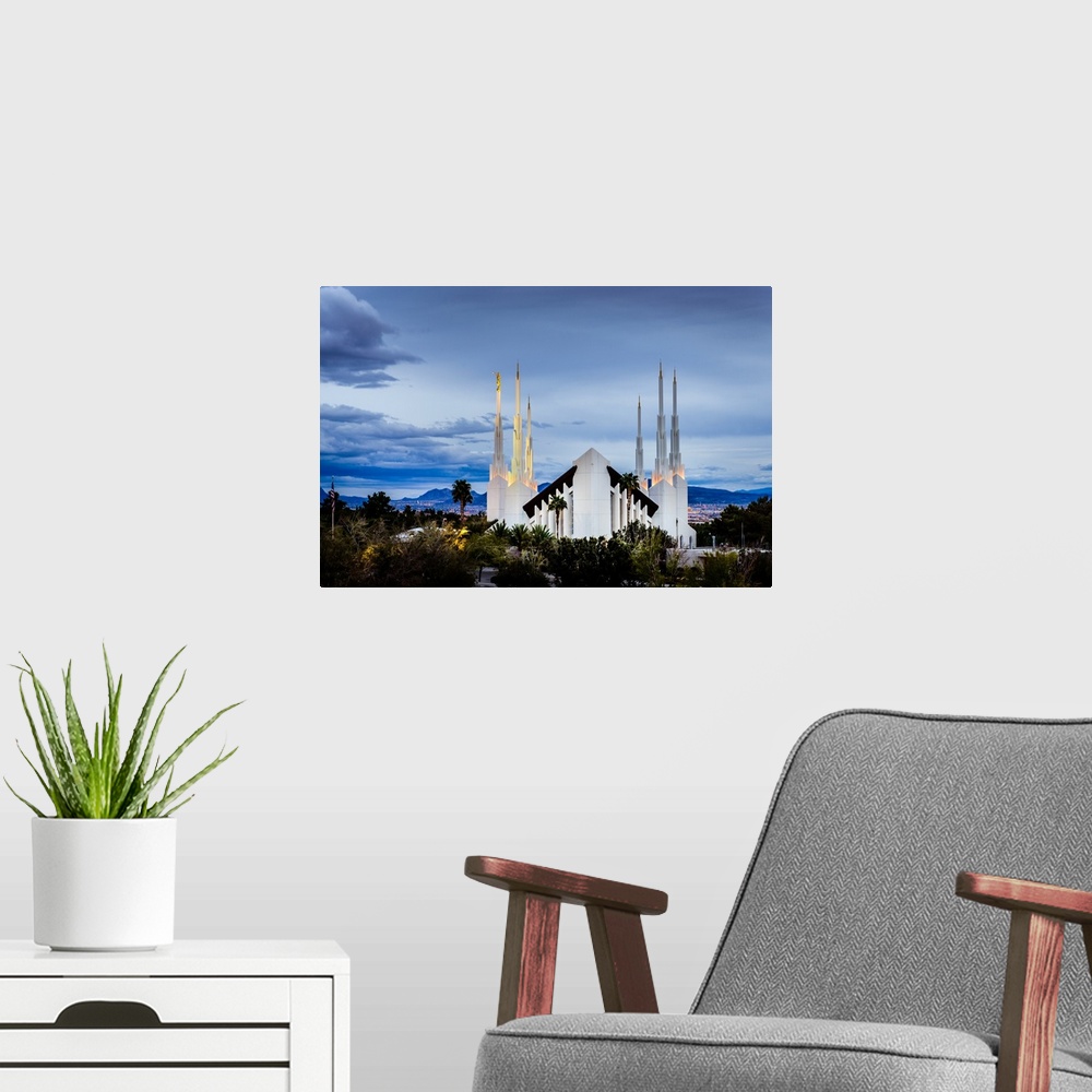A modern room featuring The Las Vegas Nevada Temple was dedicated in 1985 and 1989 by Gordon B. Hinckley. The statue of t...