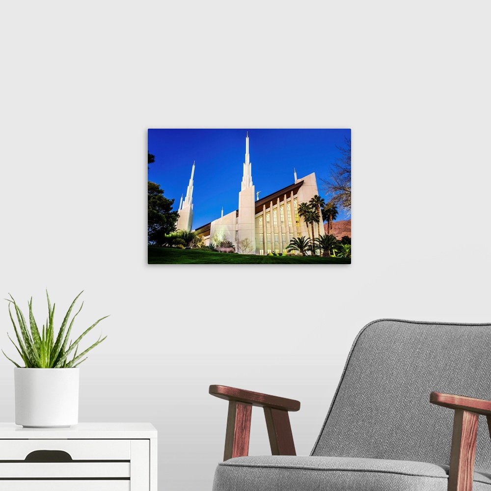 A modern room featuring The Las Vegas Nevada Temple was dedicated in 1985 and 1989 by Gordon B. Hinckley. The statue of t...