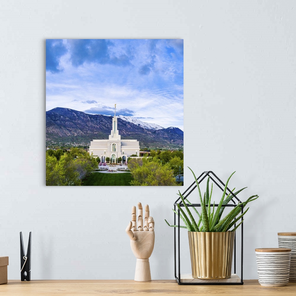 A bohemian room featuring The Mount Timpanogos Utah Temple is located in American Fork, Utah. Its bright exterior offsets i...