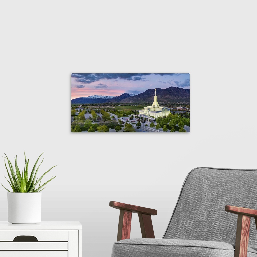A modern room featuring The Mount Timpanogos Utah Temple is located in American Fork, Utah. Its bright exterior offsets i...