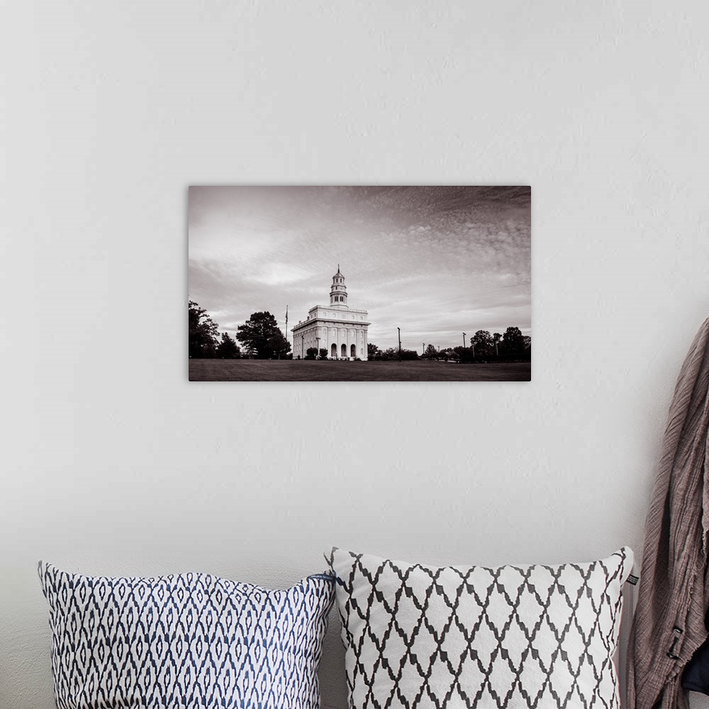 A bohemian room featuring The Nauvoo Illinois Temple overlooks the Mississippi River and is a reproduction of the original ...