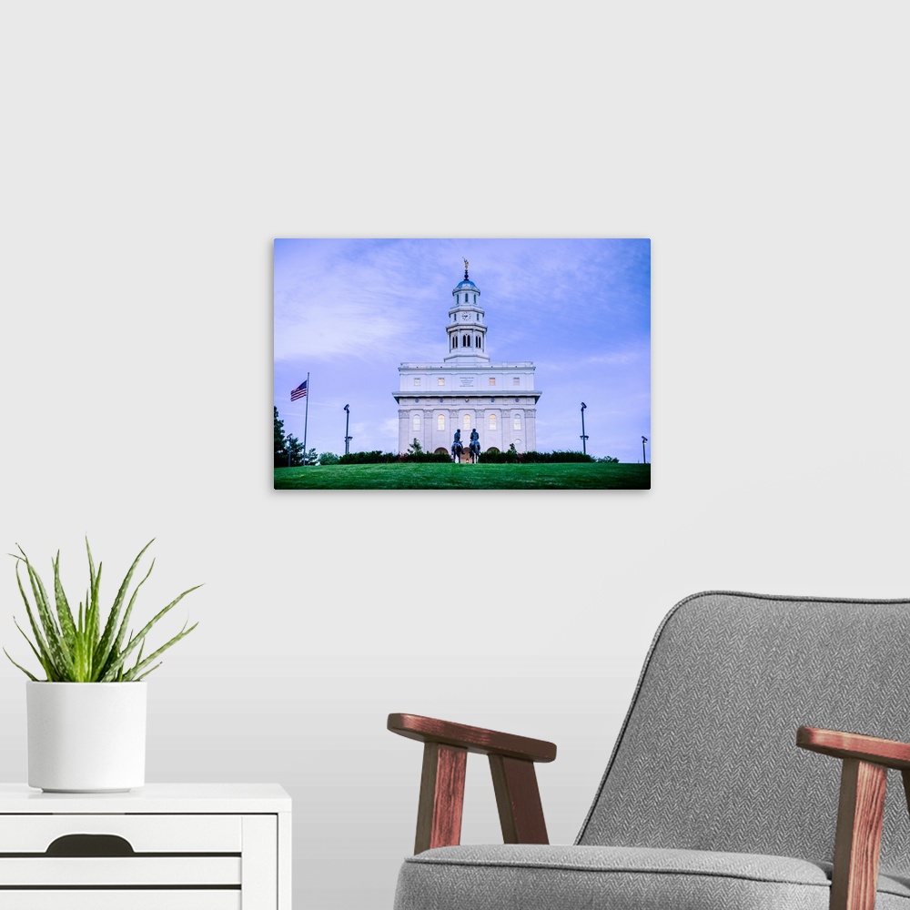 A modern room featuring The Nauvoo Illinois Temple overlooks the Mississippi River and is a reproduction of the original ...