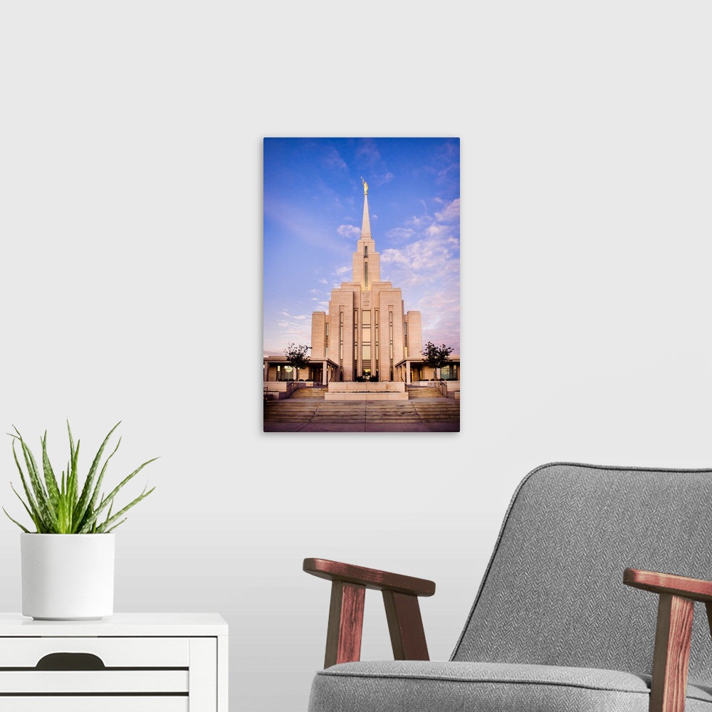 A modern room featuring The Oquirrh Mountain Utah Temple was dedicated in 2006 by Gordon B. Hinckley and again in 2009 by...