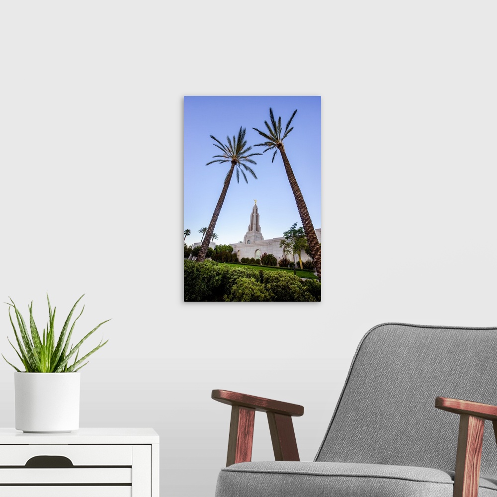 A modern room featuring The Redlands California Temple is the 116th operating temple and is surrounded by palm trees in i...