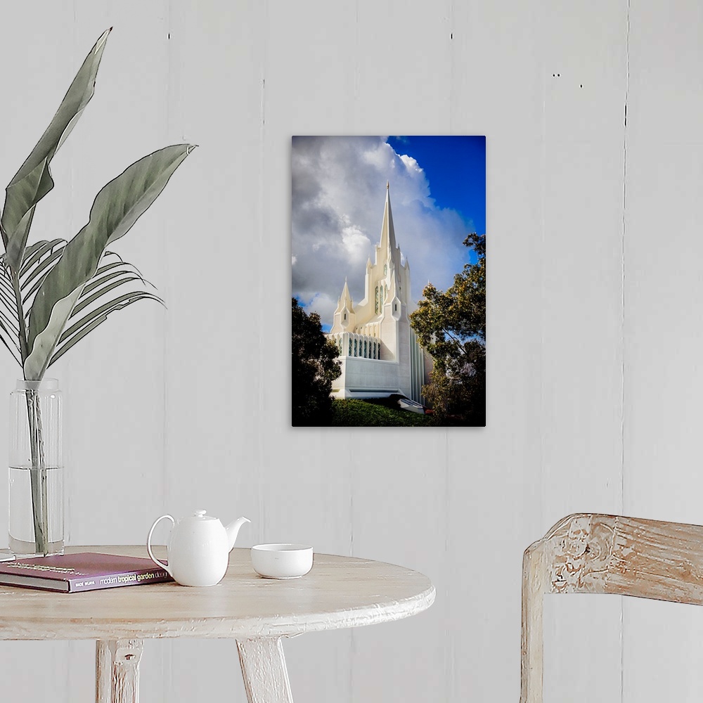 A farmhouse room featuring The San Diego California Temple is made up of 72,000 square feet with an exterior of plaster with...