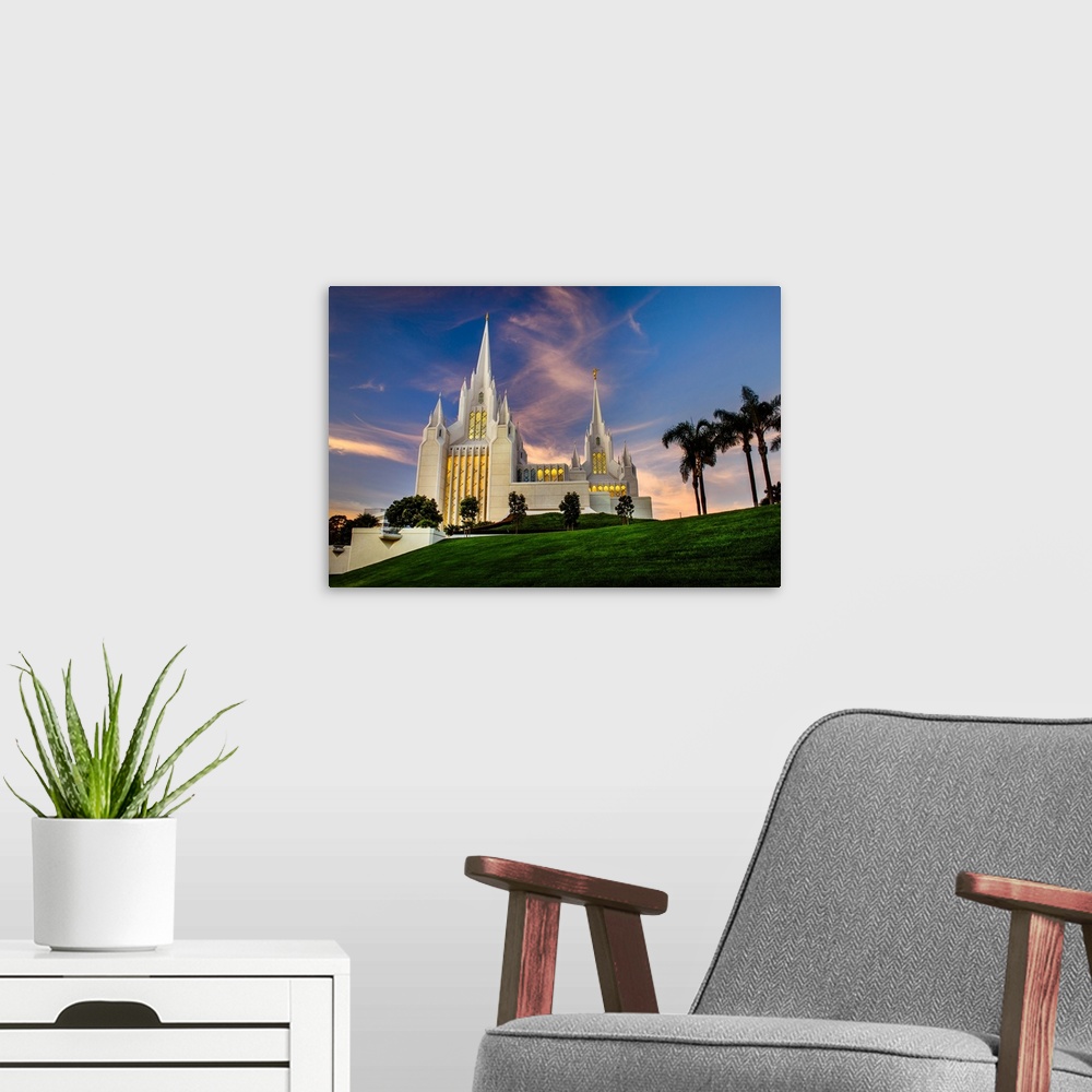 A modern room featuring The San Diego California Temple is made up of 72,000 square feet with an exterior of plaster with...