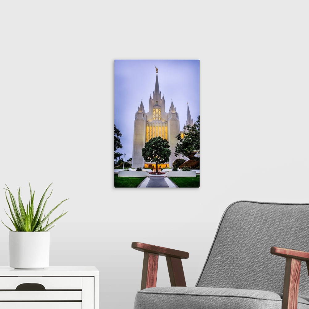 A modern room featuring The San Diego California Temple is made up of 72,000 square feet with an exterior of plaster with...
