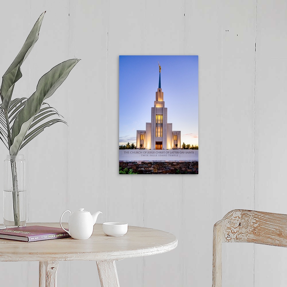 A farmhouse room featuring The Twin Falls Idaho Temple is located near Snake River Canyon. The spire on top of the temple, w...