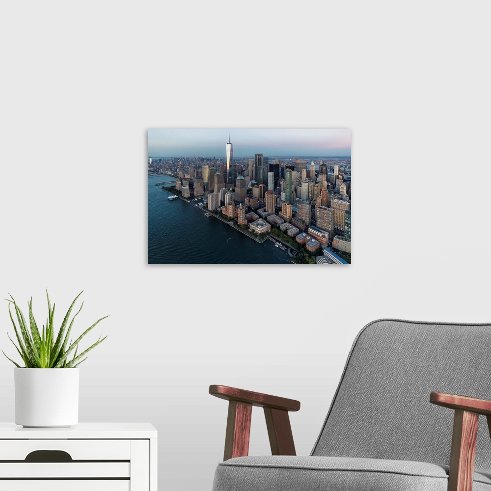 A modern room featuring Aerial view of Freedom Tower and New York City