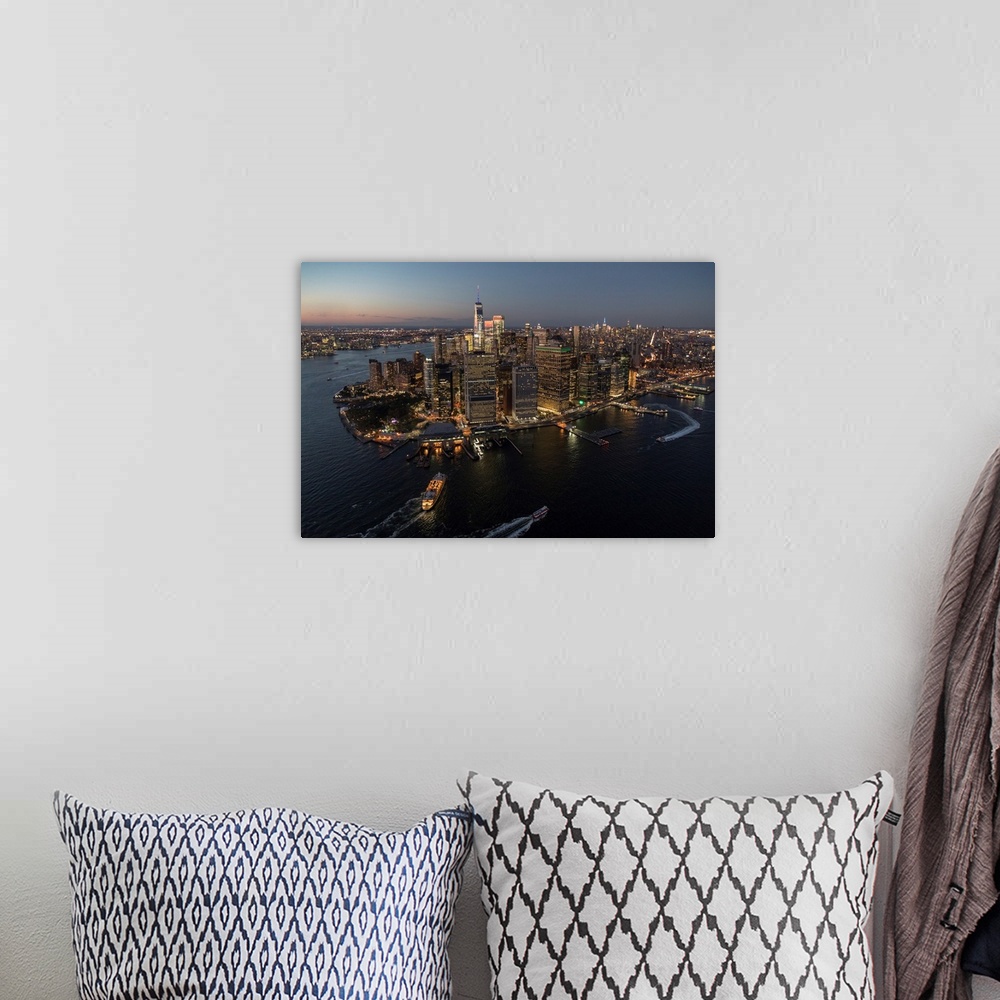 A bohemian room featuring Aerial view of New York City at sunset