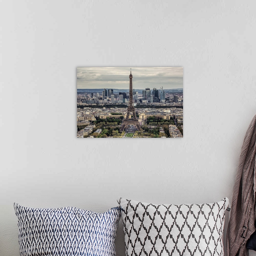 A bohemian room featuring Aerial view of the Eiffel Tower and La Defense in Paris