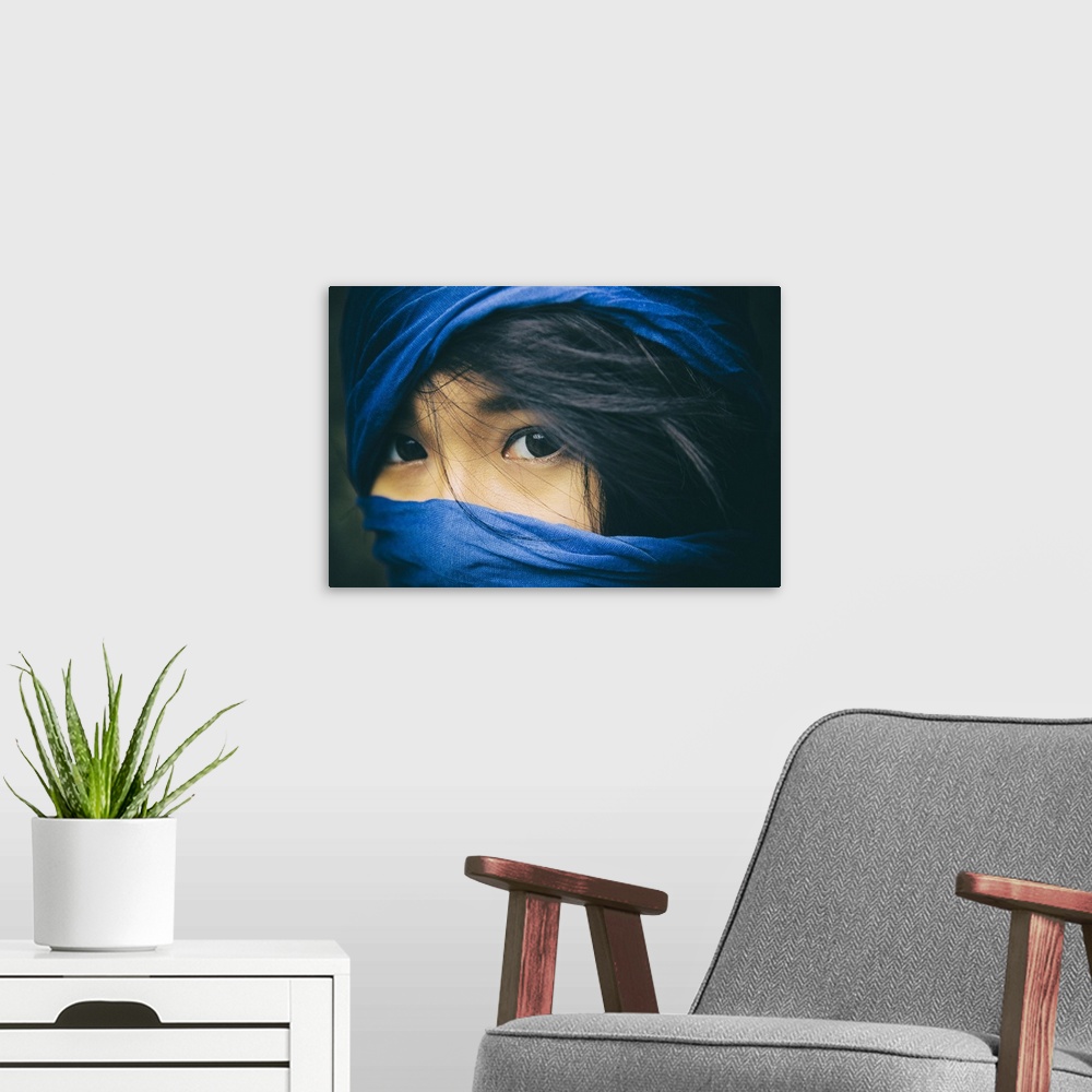 A modern room featuring Beautiful Asian girl with blue scarf