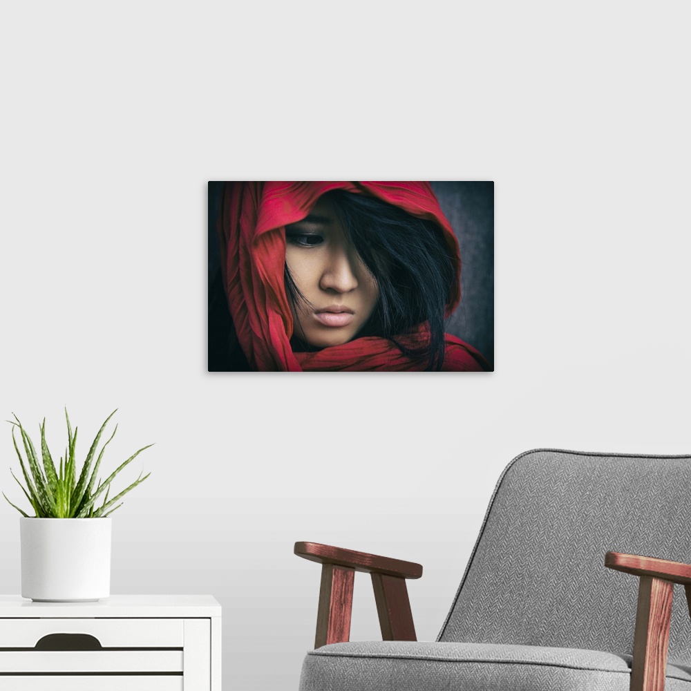 A modern room featuring Beautiful Asian girl with red scarf