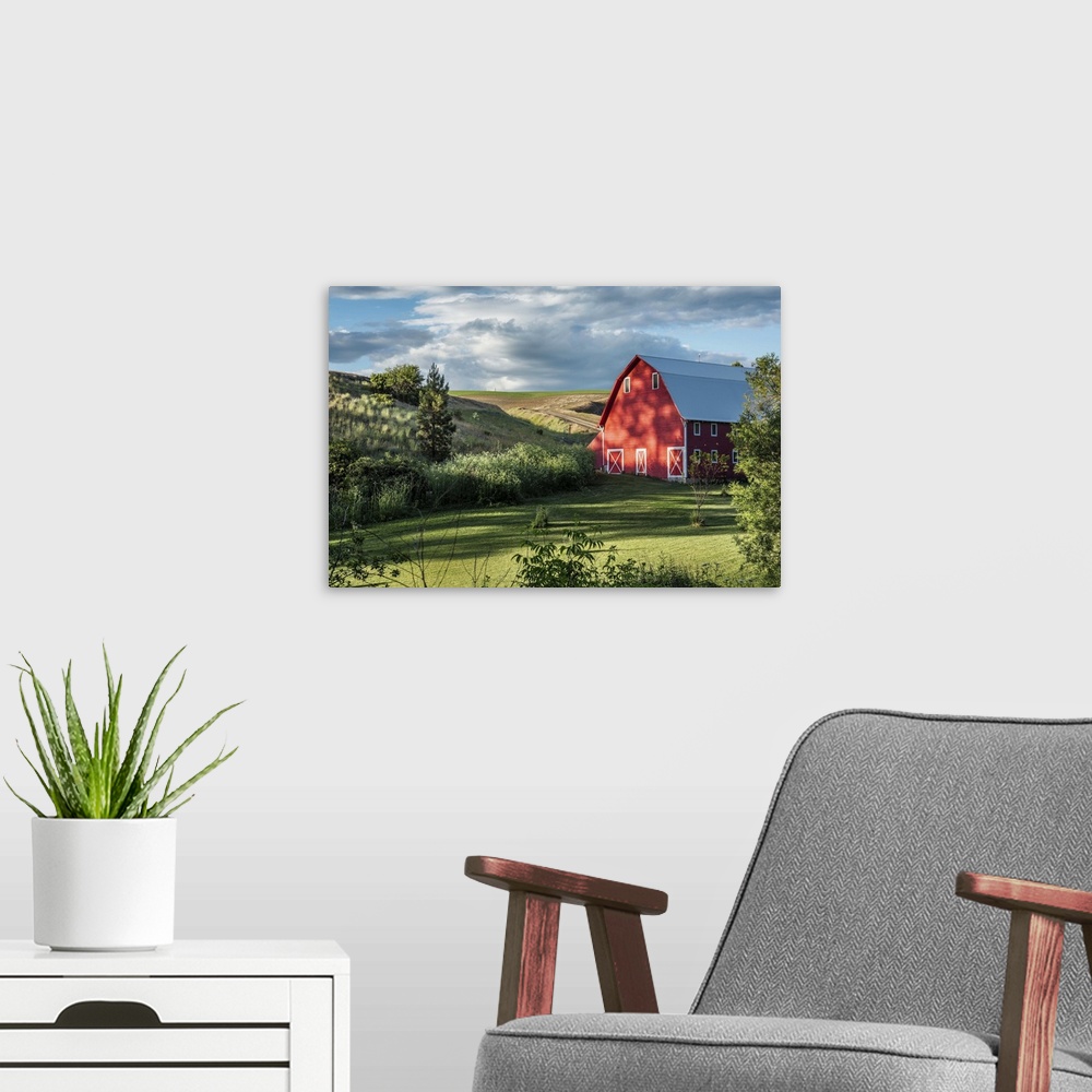 A modern room featuring Beautiful red barn and garden in the Palouse, Washington