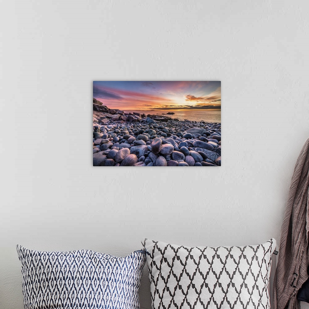 A bohemian room featuring Boulder Beach at sunrise in Acadia National Park