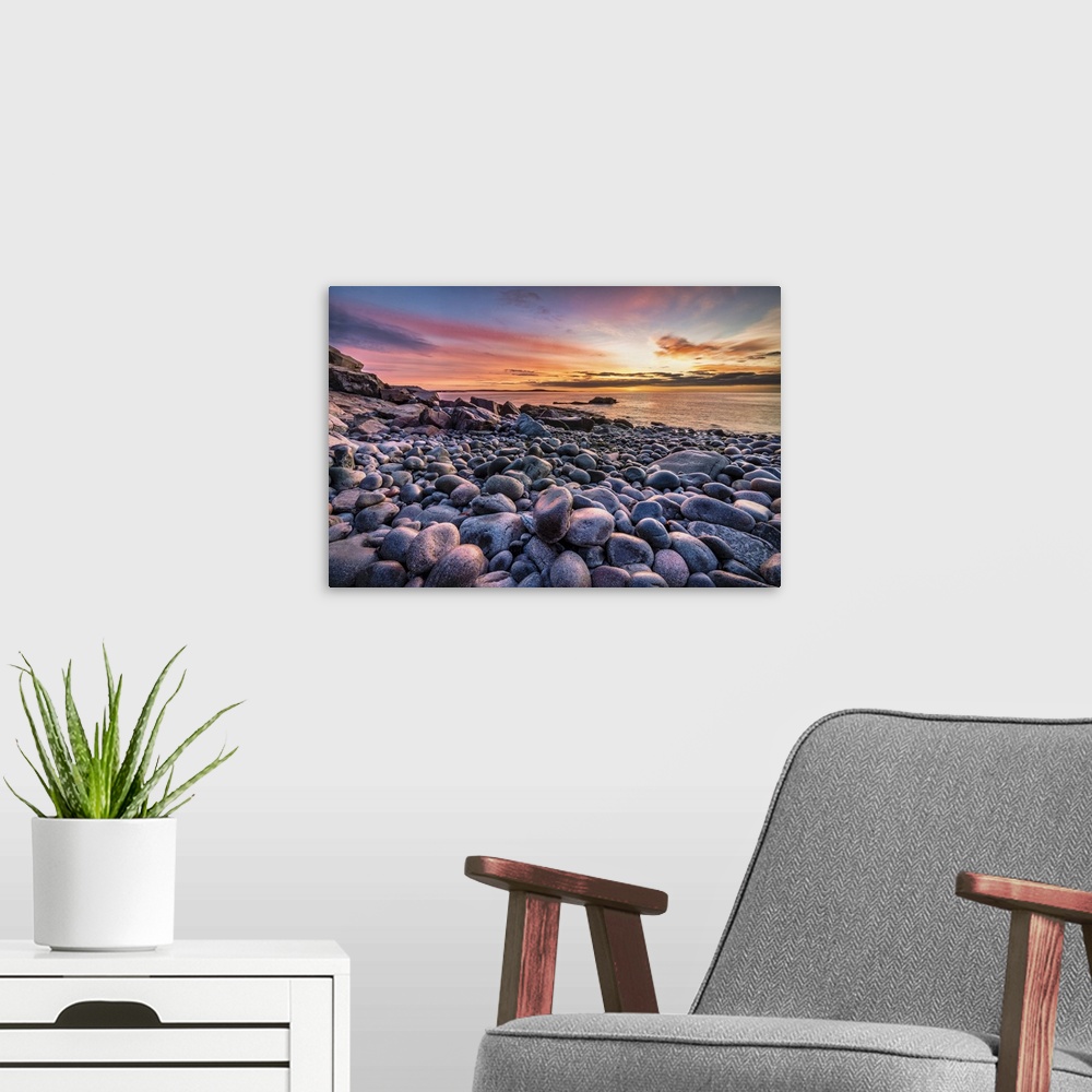 A modern room featuring Boulder Beach at sunrise in Acadia National Park