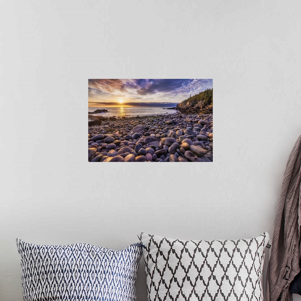 A bohemian room featuring Boulder Beach at sunrise in Acadia National Park