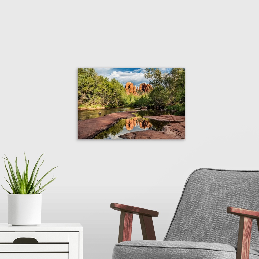 A modern room featuring Cathedral Rocks and Oak Creek River in Sedona, Arizona.