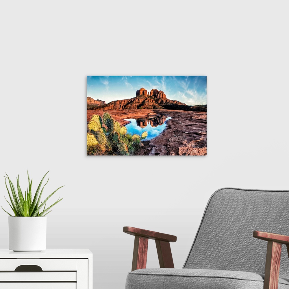 A modern room featuring Cathedral Rocks with reflection at sunset in Sedona, Arizona
