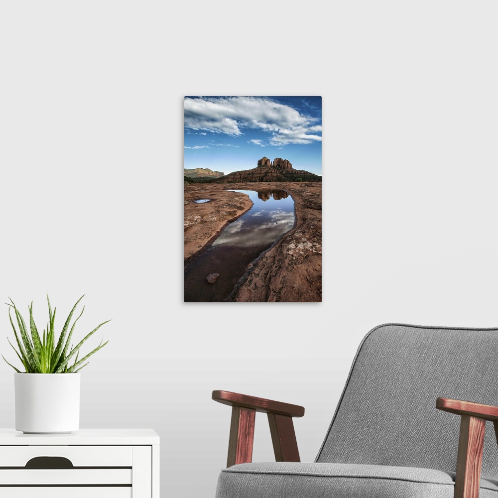 A modern room featuring Cathedral rocks with reflection at sunset in Sedona, Arizona
