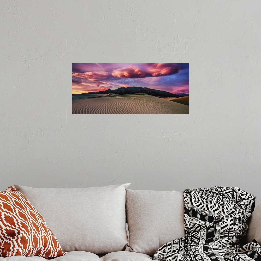 A bohemian room featuring Clouds at sunrise in the Mesquite Sand Dunes at Death Valley National Park