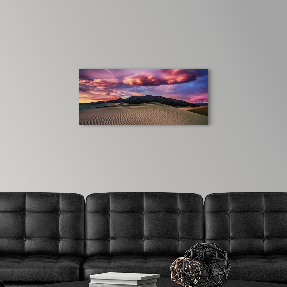 A modern room featuring Clouds at sunrise in the Mesquite Sand Dunes at Death Valley National Park