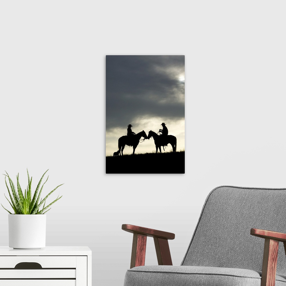 A modern room featuring Cowboy and cowgirl silhouette at sunset, Yosemite, California