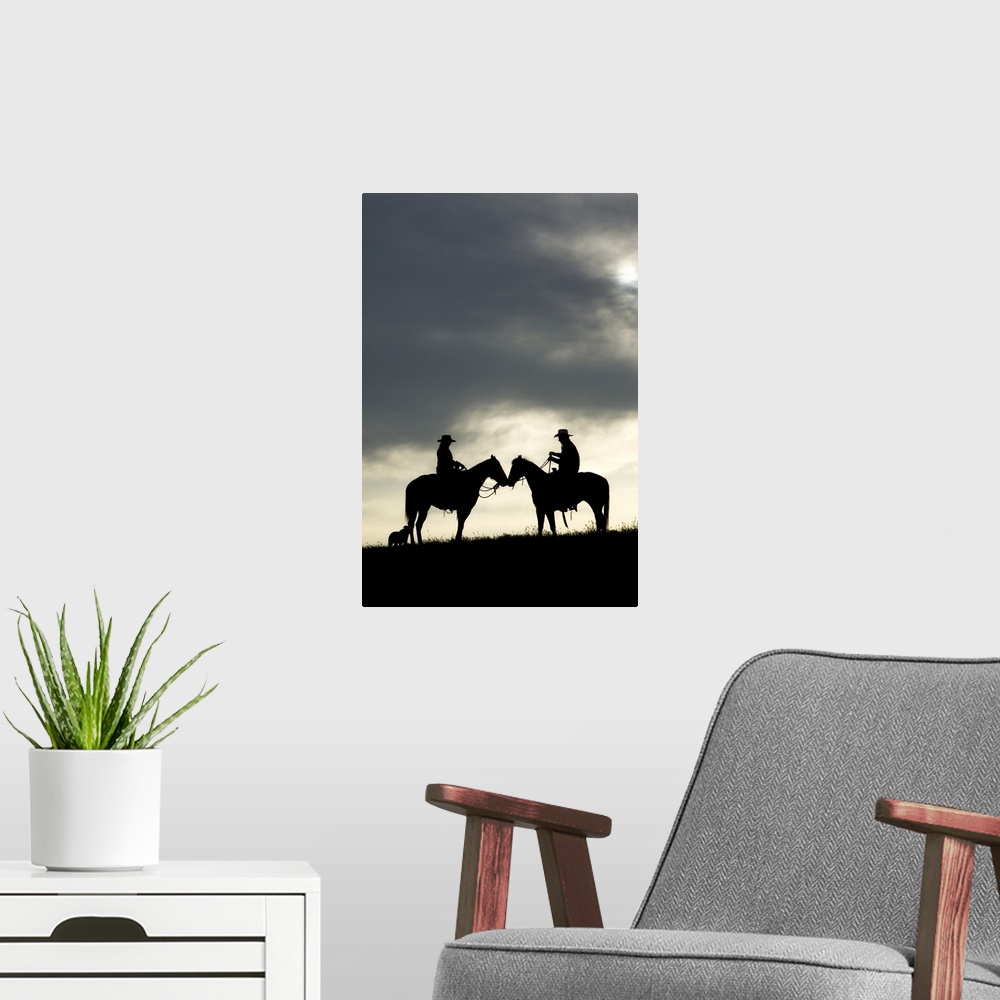 A modern room featuring Cowboy and cowgirl silhouette at sunset, Yosemite, California