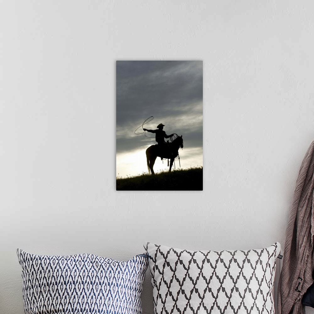 A bohemian room featuring Cowboy on horseback with lasso at sunset, Yosemite, California