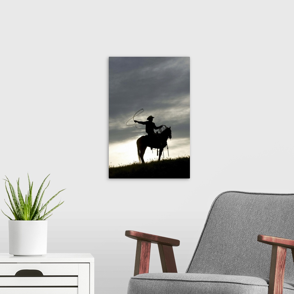 A modern room featuring Cowboy on horseback with lasso at sunset, Yosemite, California