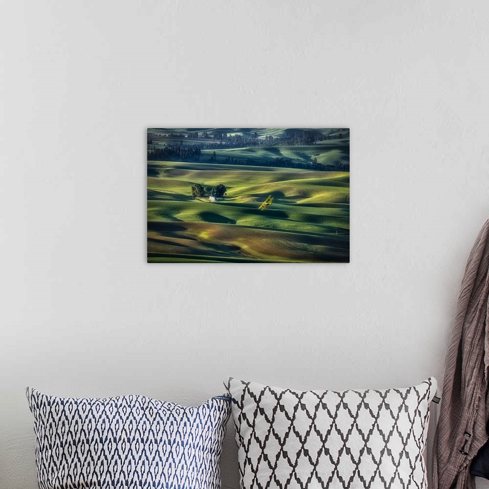 A bohemian room featuring Crop duster flying over the rolling wheat fields of the Palouse
