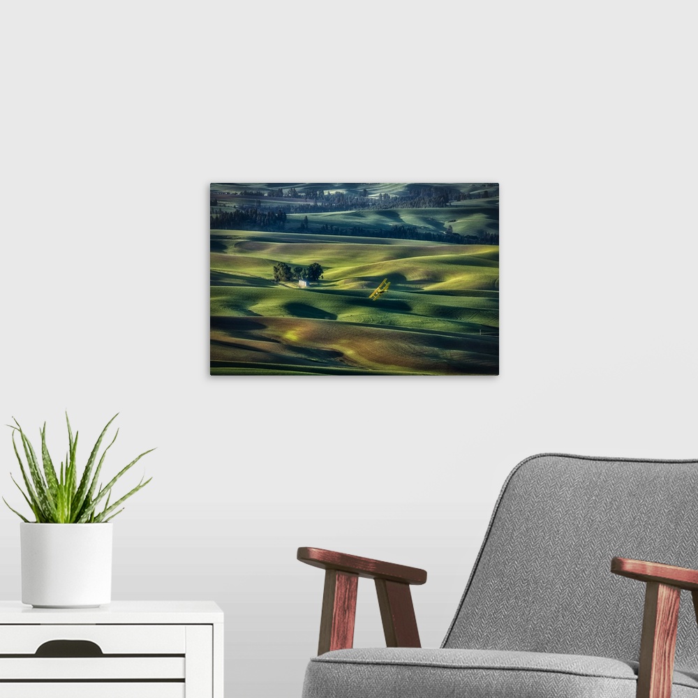 A modern room featuring Crop duster flying over the rolling wheat fields of the Palouse