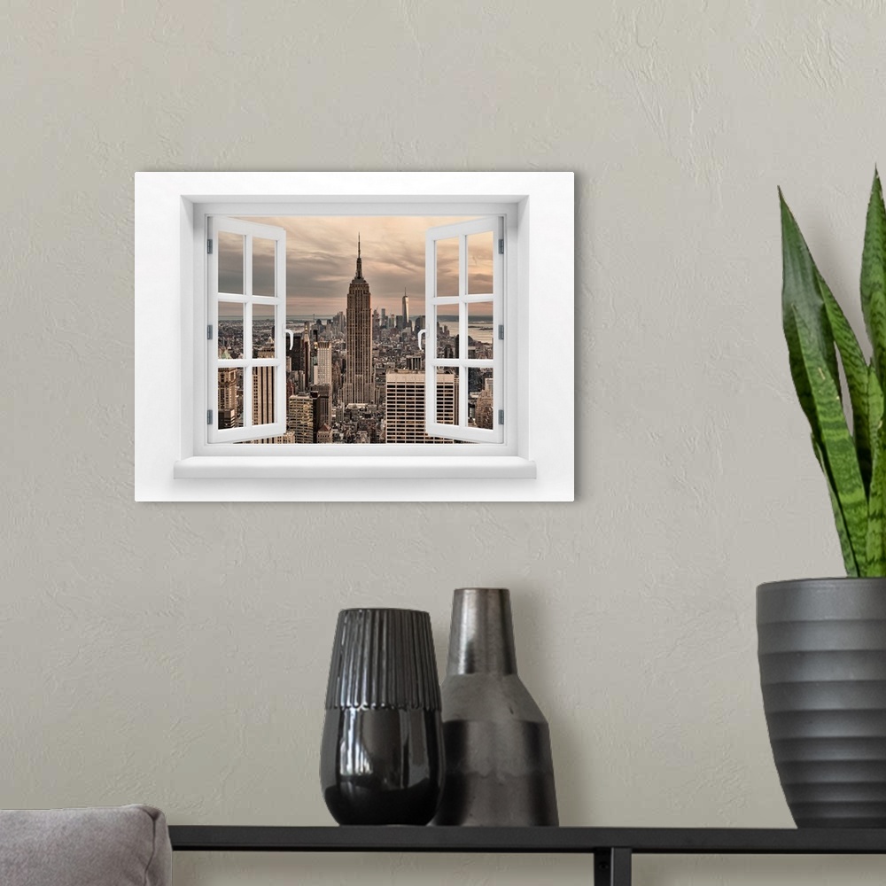 A modern room featuring Empire State Building and the NYC skyline.