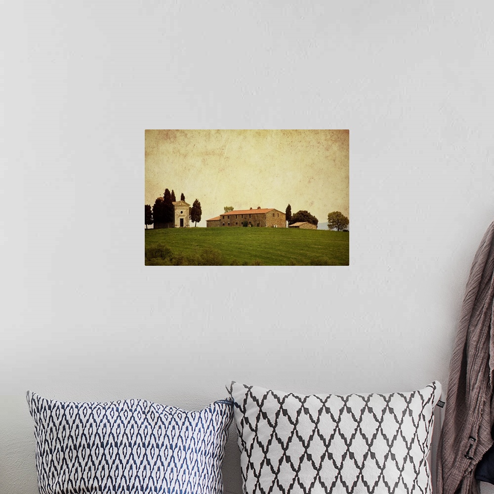 A bohemian room featuring This rustic landscape photograph has been given a vintage appearance by adding a sepia tint, scra...