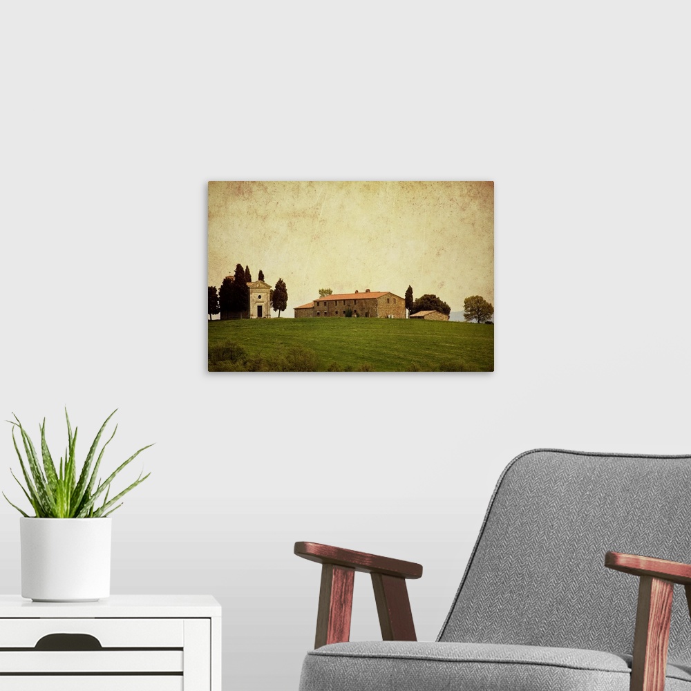 A modern room featuring This rustic landscape photograph has been given a vintage appearance by adding a sepia tint, scra...