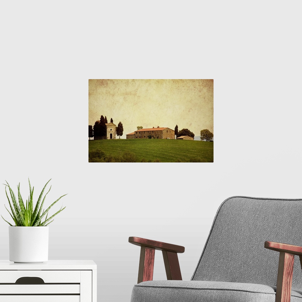 A modern room featuring This rustic landscape photograph has been given a vintage appearance by adding a sepia tint, scra...