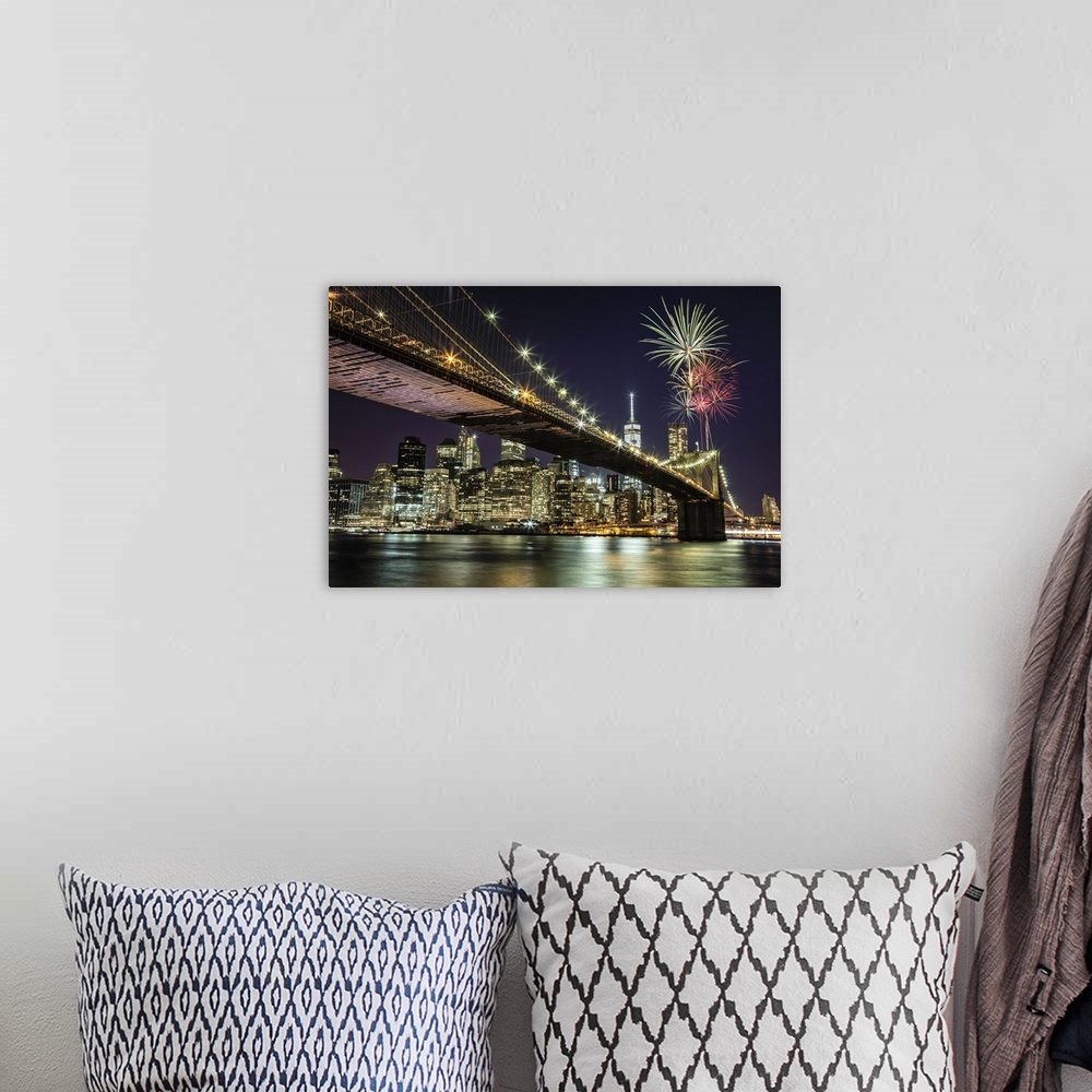 A bohemian room featuring Fireworks over the Brooklyn Bridge in New York City