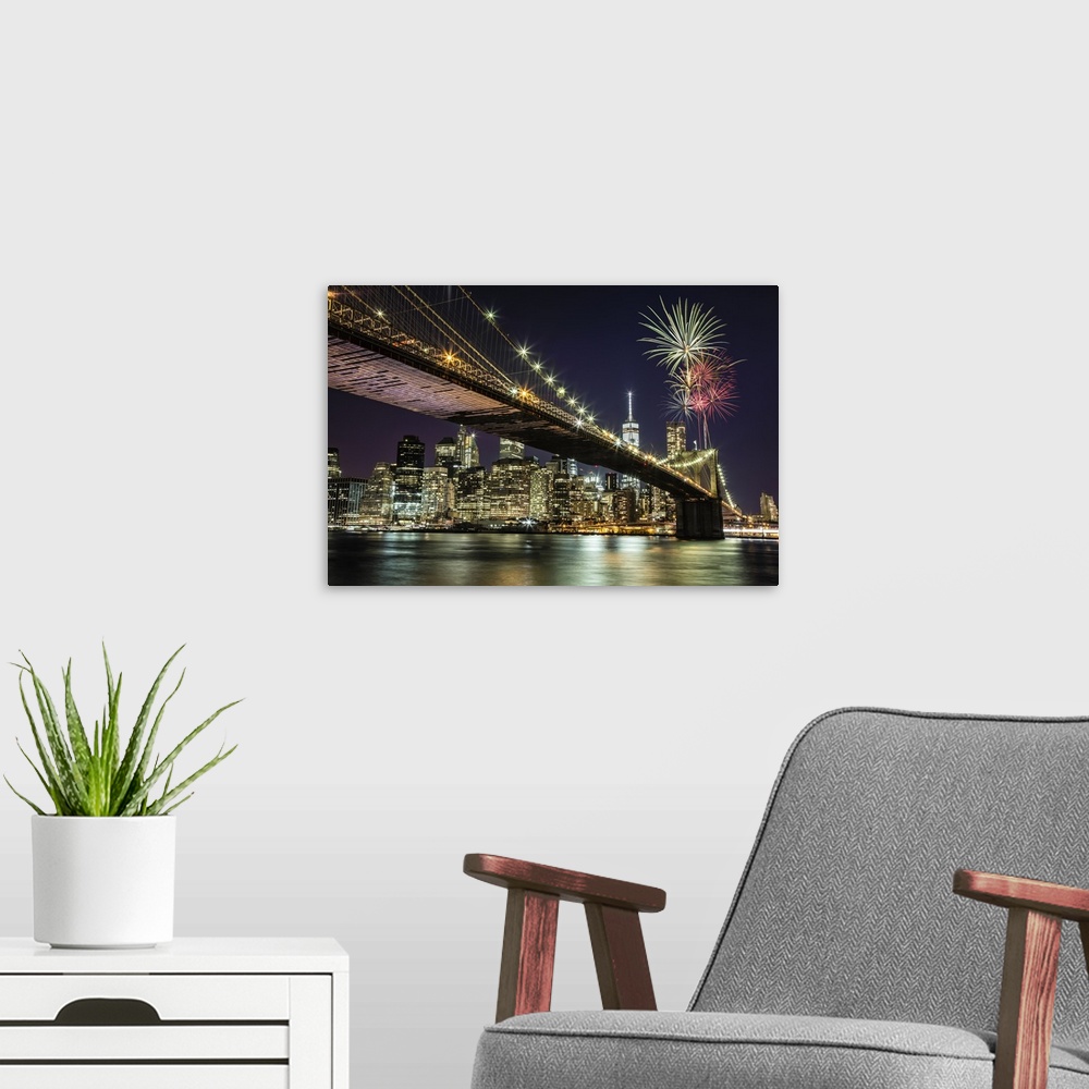 A modern room featuring Fireworks over the Brooklyn Bridge in New York City