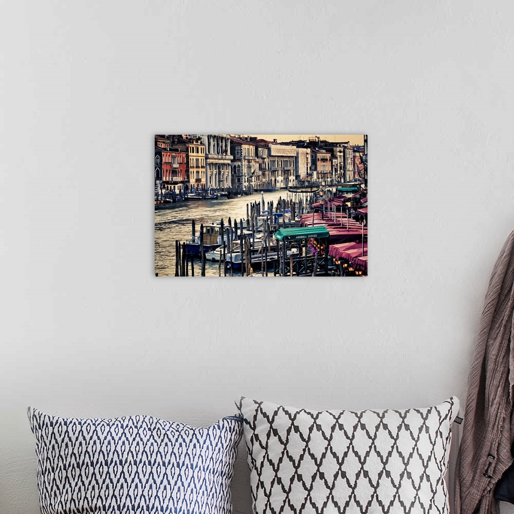 A bohemian room featuring Photograph of the famous gondola boats on the river in Venice, Italy.