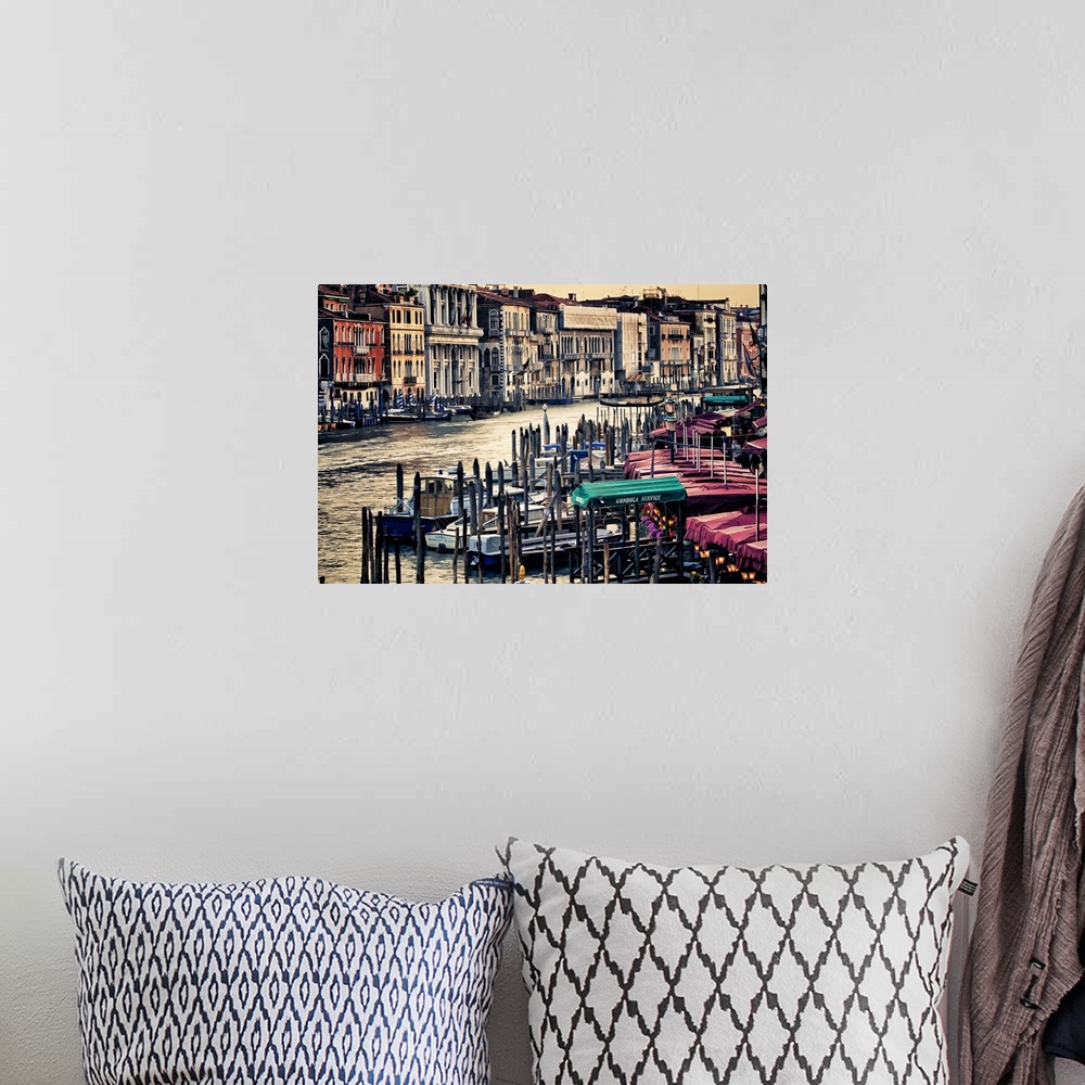 A bohemian room featuring Photograph of the famous gondola boats on the river in Venice, Italy.