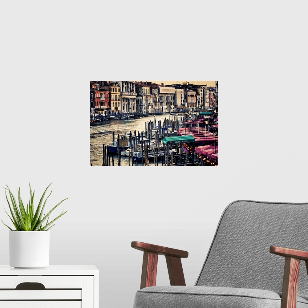 A modern room featuring Photograph of the famous gondola boats on the river in Venice, Italy.