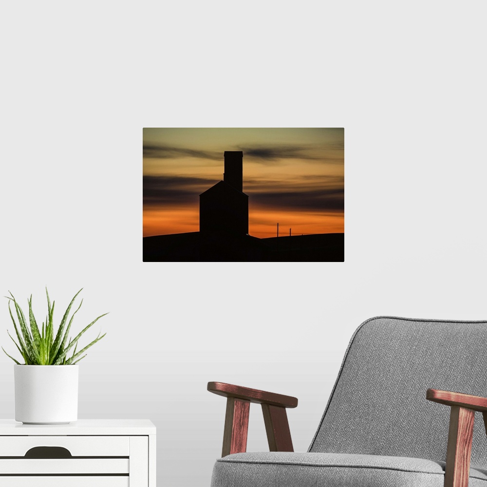 A modern room featuring Grain elevator at sunset in the Palouse, Washington