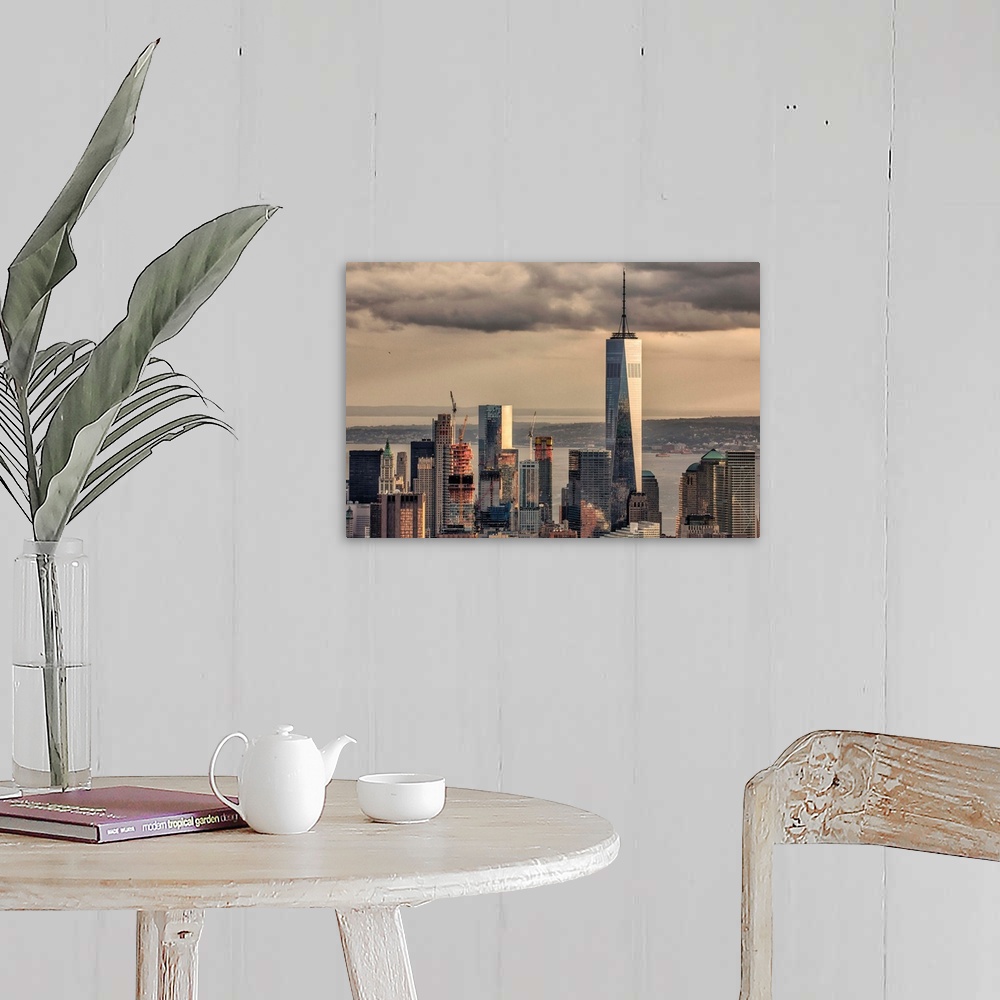 A farmhouse room featuring High view of Freedom One and downtown New York City.