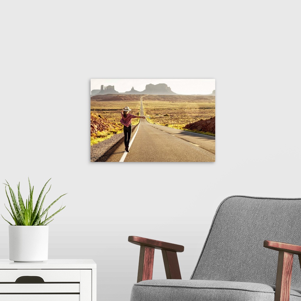 A modern room featuring Hitchhiker on Forrest Gump highway by Monument Valley, Arizona