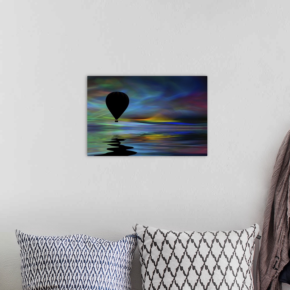 A bohemian room featuring Hot air balloon floating across a surreal colorful sky