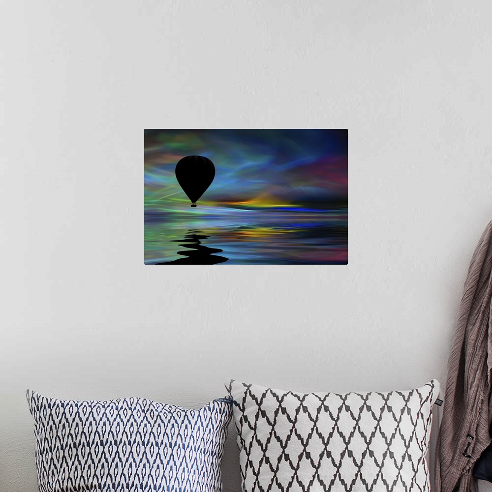 A bohemian room featuring Hot air balloon floating across a surreal colorful sky