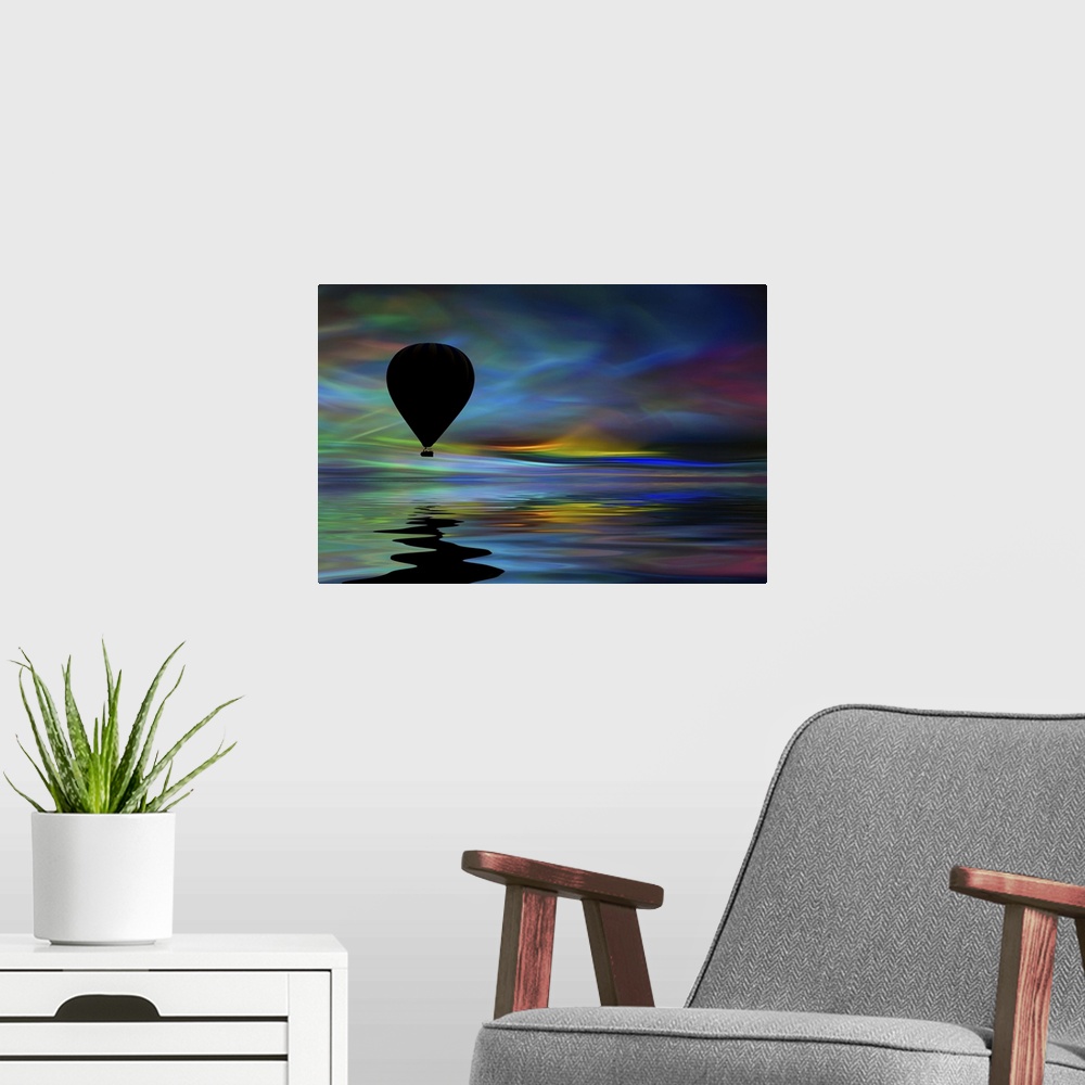 A modern room featuring Hot air balloon floating across a surreal colorful sky
