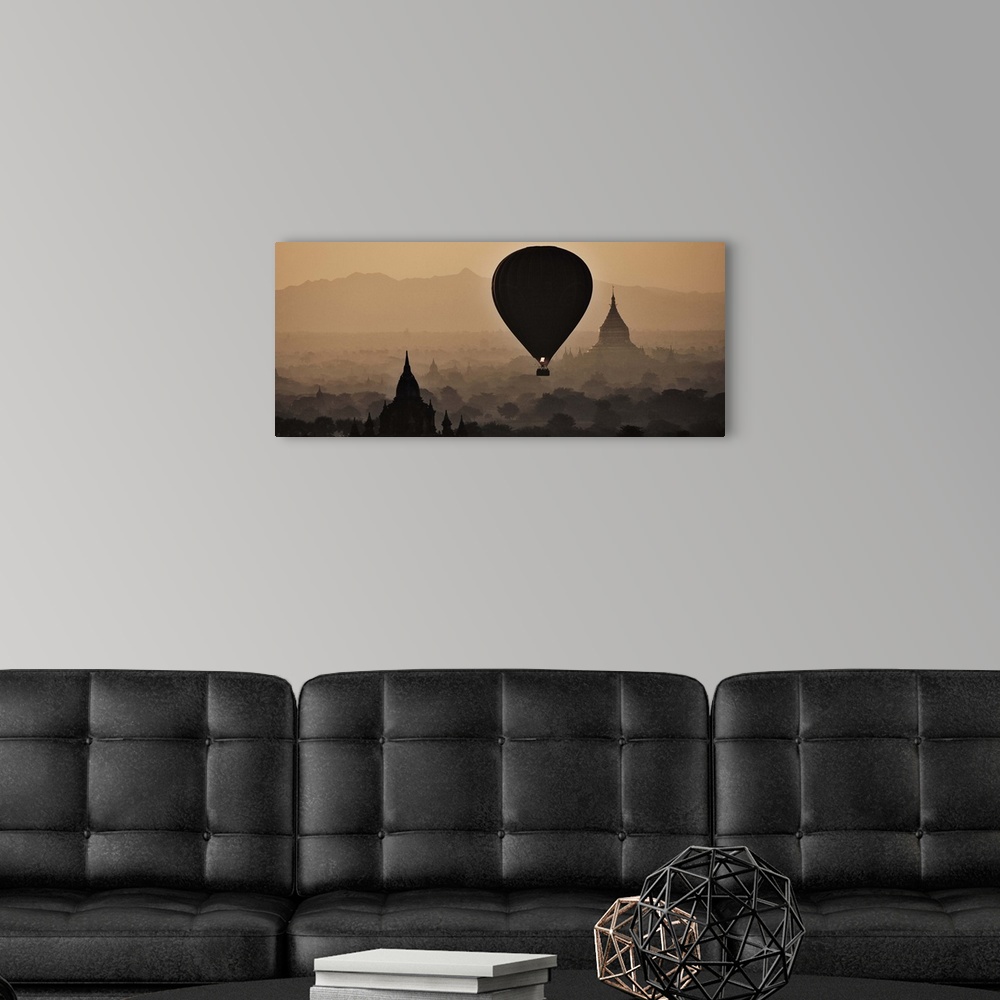 A modern room featuring Hot air balloons floating above the temples of Bagan, Myanmar at sunrise