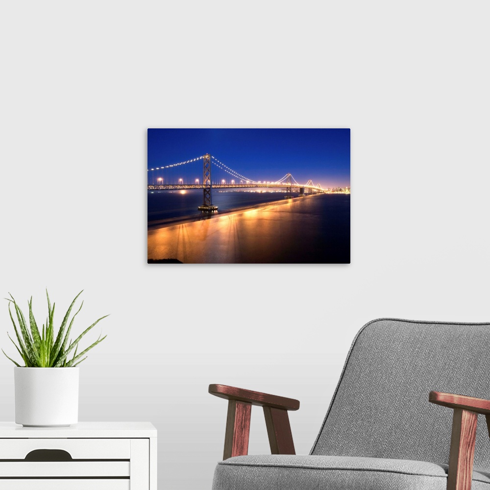 A modern room featuring Illuminated Bay Bridge, San Francisco, California