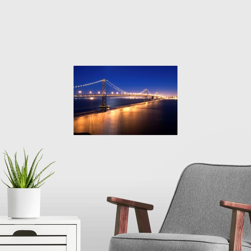 A modern room featuring Illuminated Bay Bridge, San Francisco, California